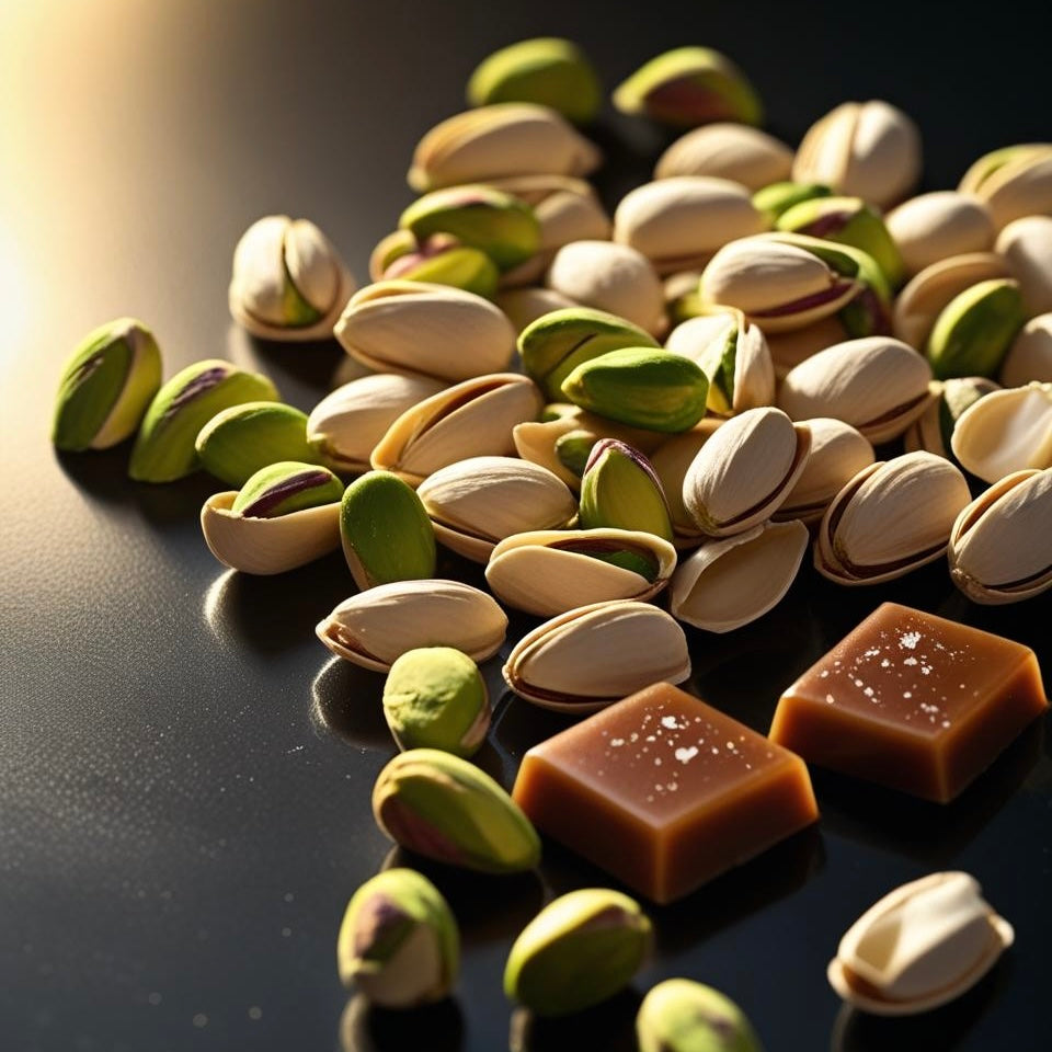 Pistachios and caramel squares on a reflective surface