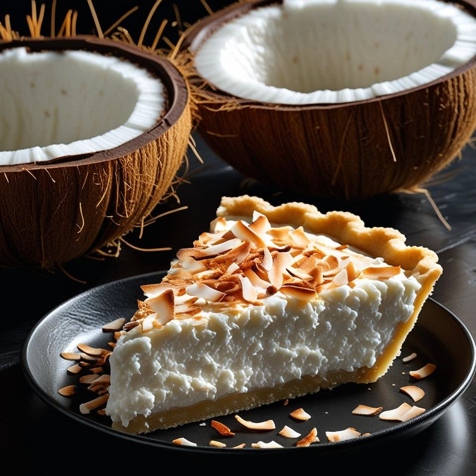 Slice of coconut cream pie on a black plate with two coconuts in the background.