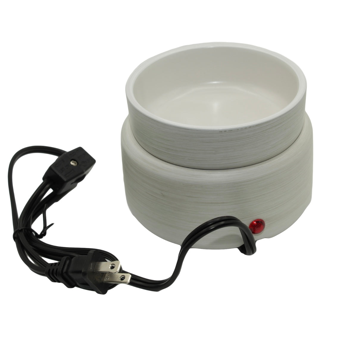 White ceramic wax warmer with heating element and power cord on a white background
