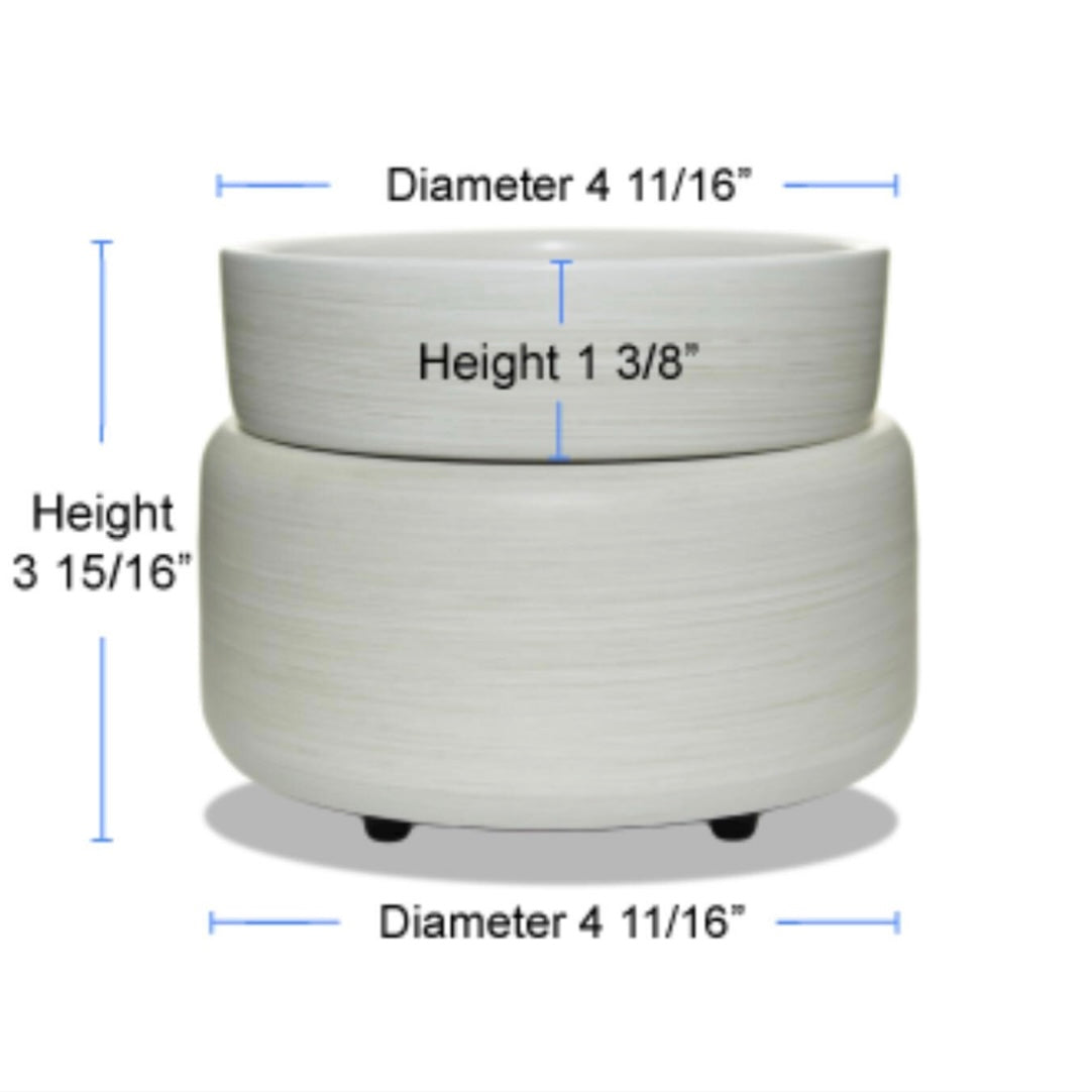 White ceramic wax warmer with dimensions labeled on a white background