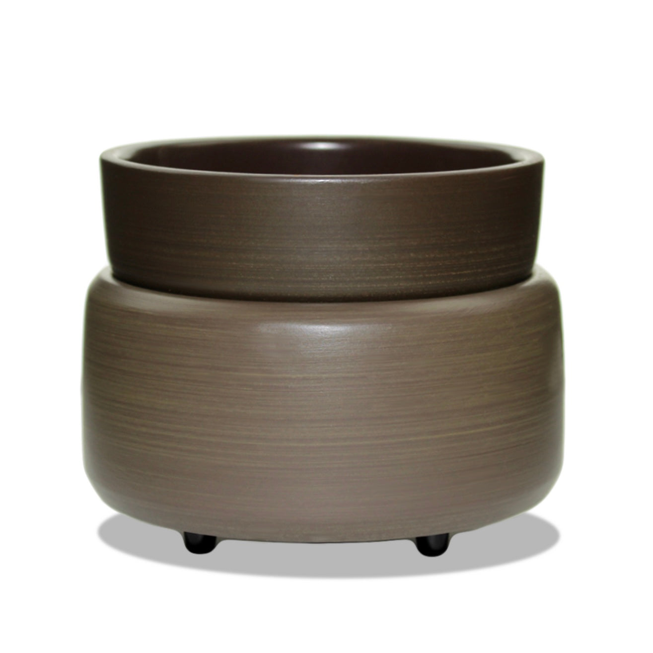Mocha brown ceramic wax warmer with a smaller pot inside on a white background