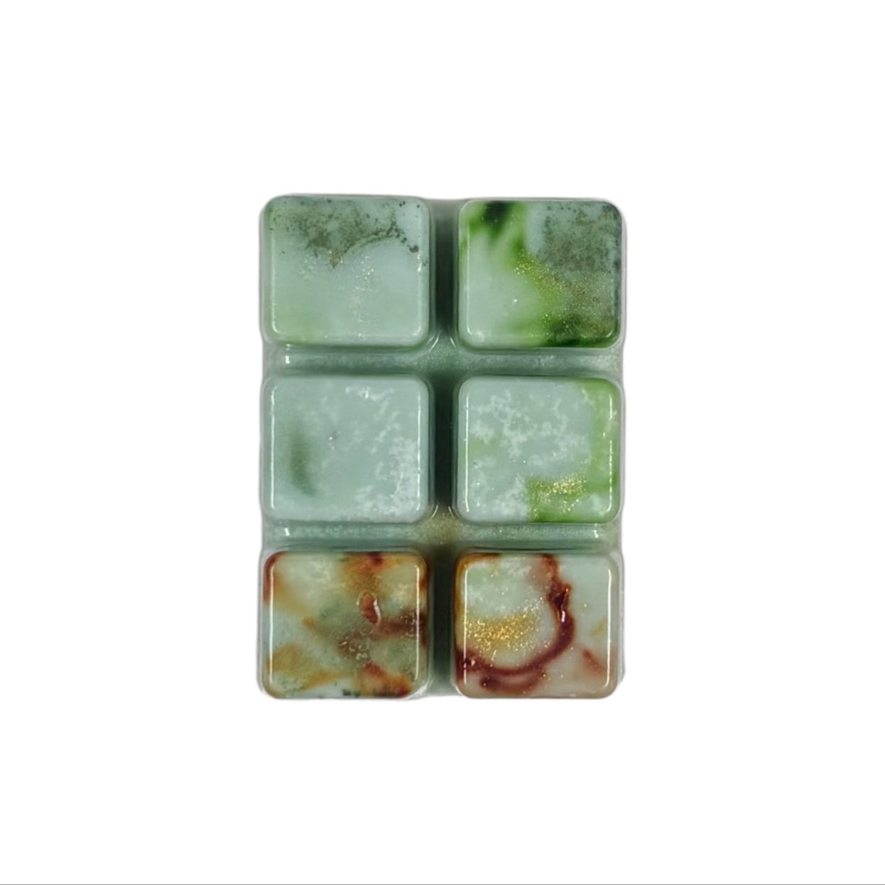 A pistachio green colored wax melt with 6 cubed sections