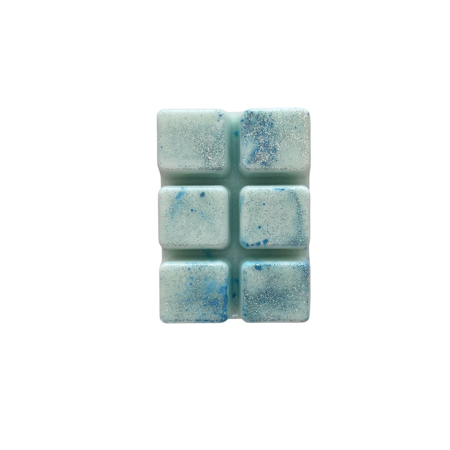 A pale blue colored wax melt with 6 cubed sections