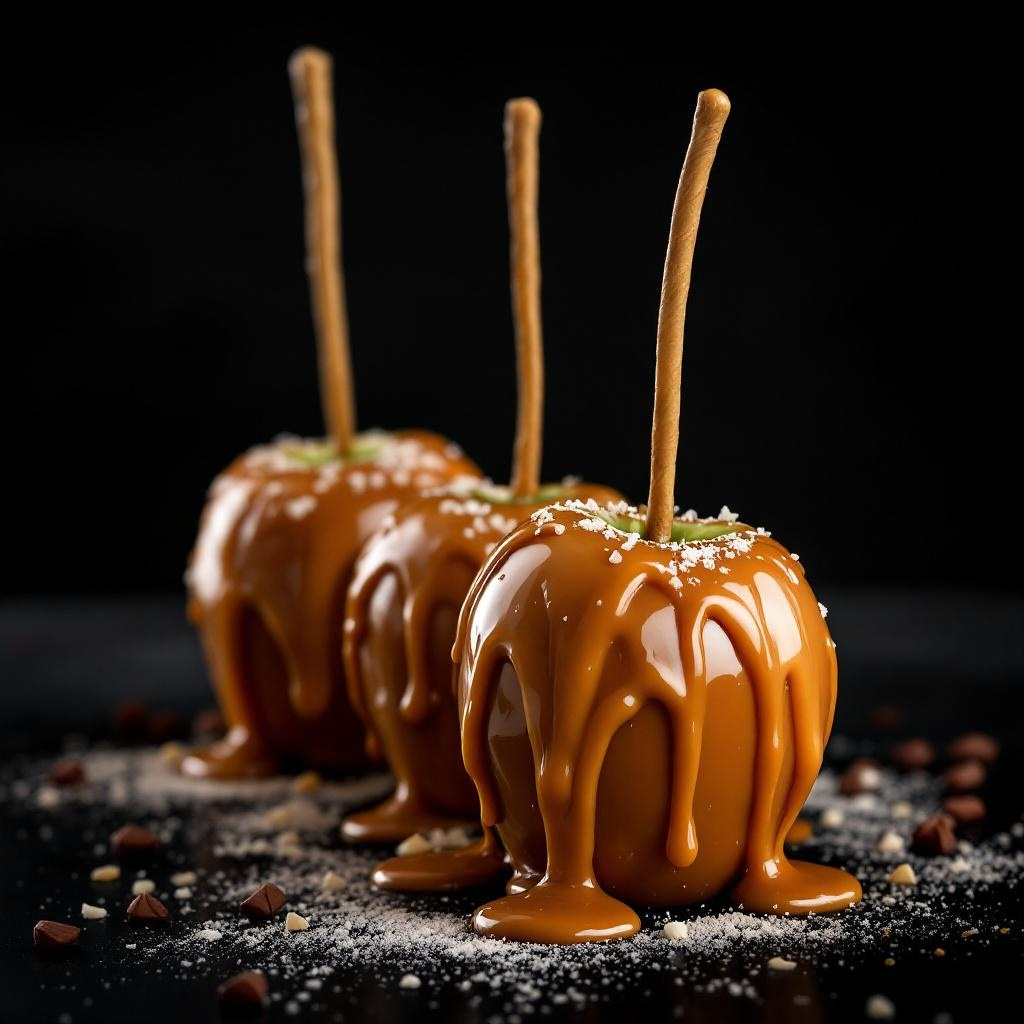 Three caramel apples with drizzled caramel on a dark background