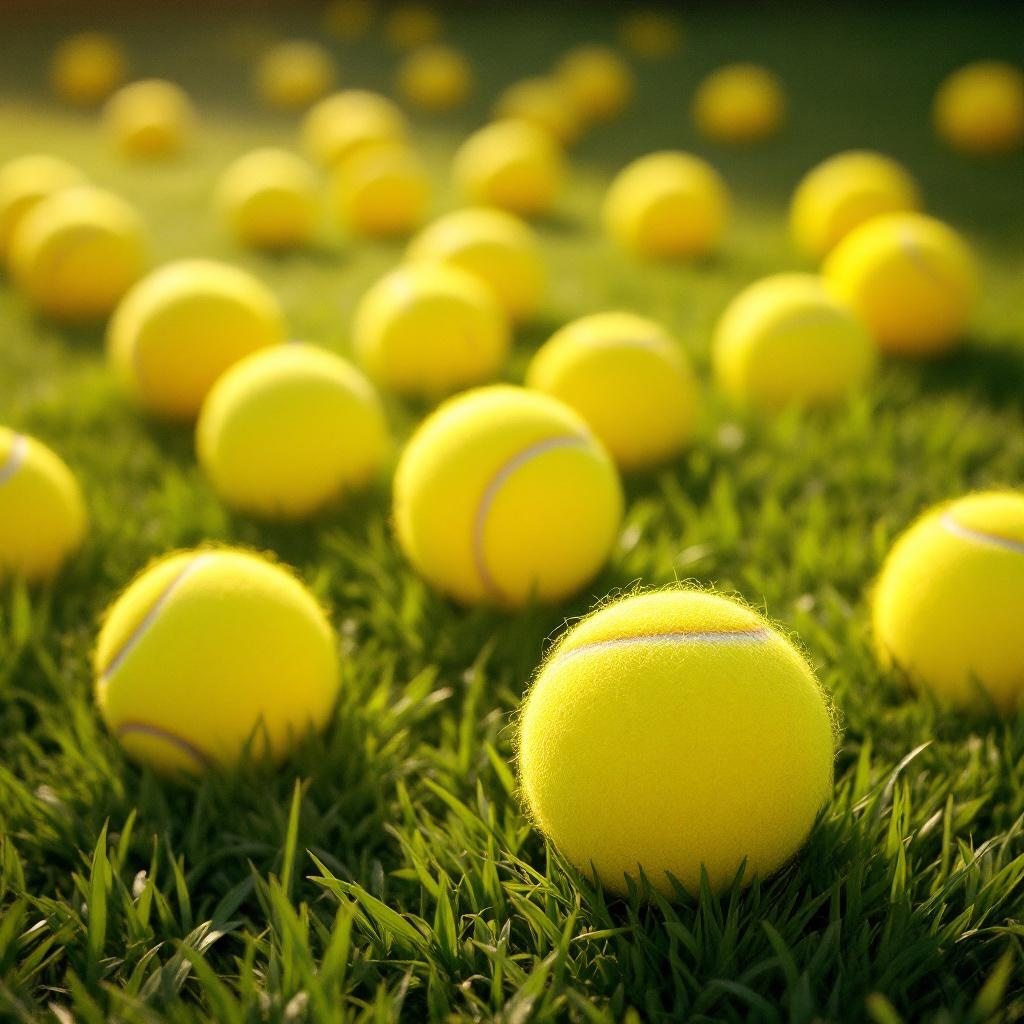Multiple yellow tennis balls scattered on a grassy field