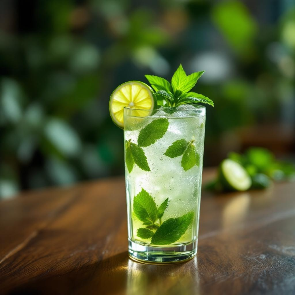 Glass of mojito with lime and mint on a wooden table with a blurred green background