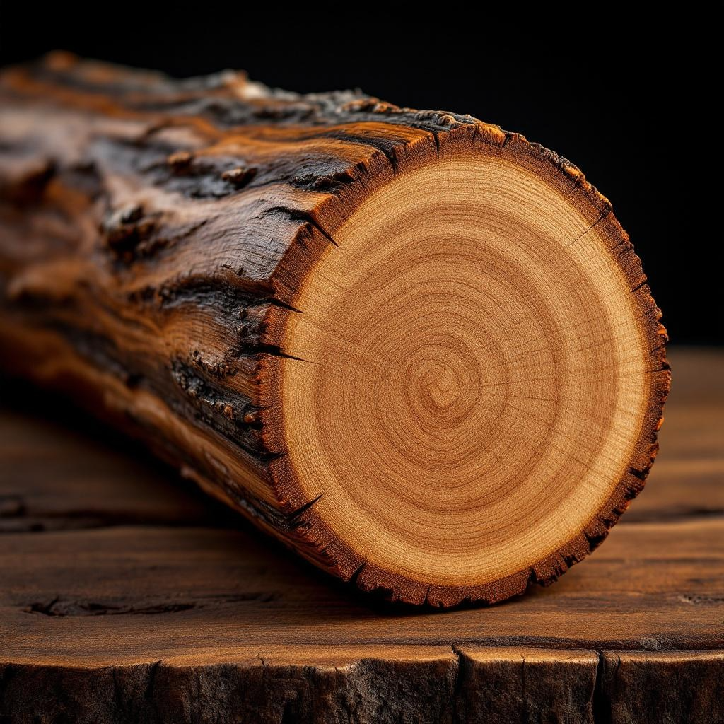 Close-up of a cut wooden log with visible grain and rings on a dark background
