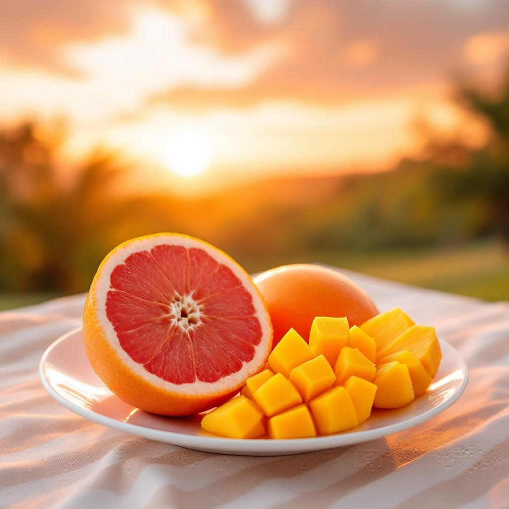 Fruit plate with a half grapefruit and mango chunks against a sunset background