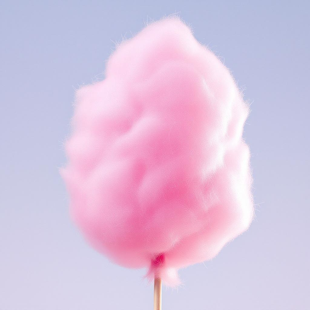 Pink cotton candy on a stick against a light purple background