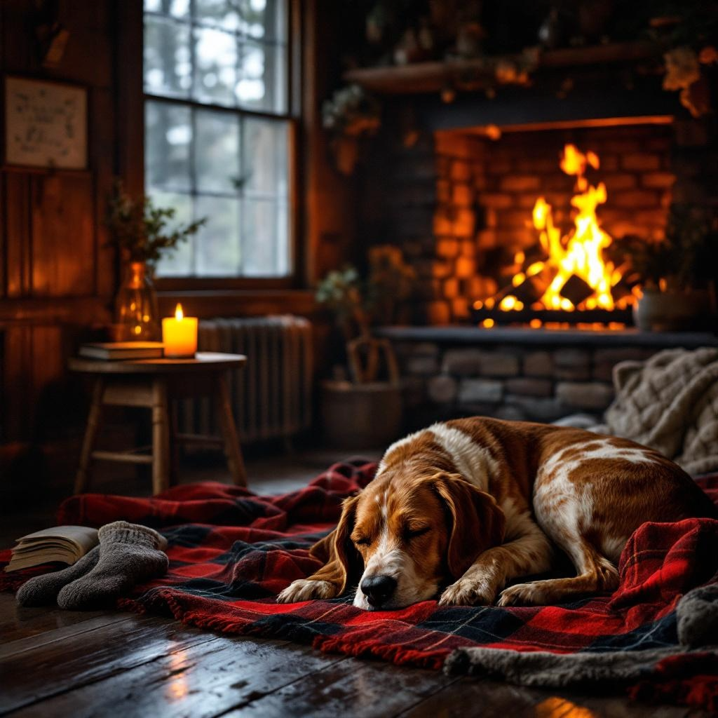 Dog resting on a red plaid blanket in front of a fireplace