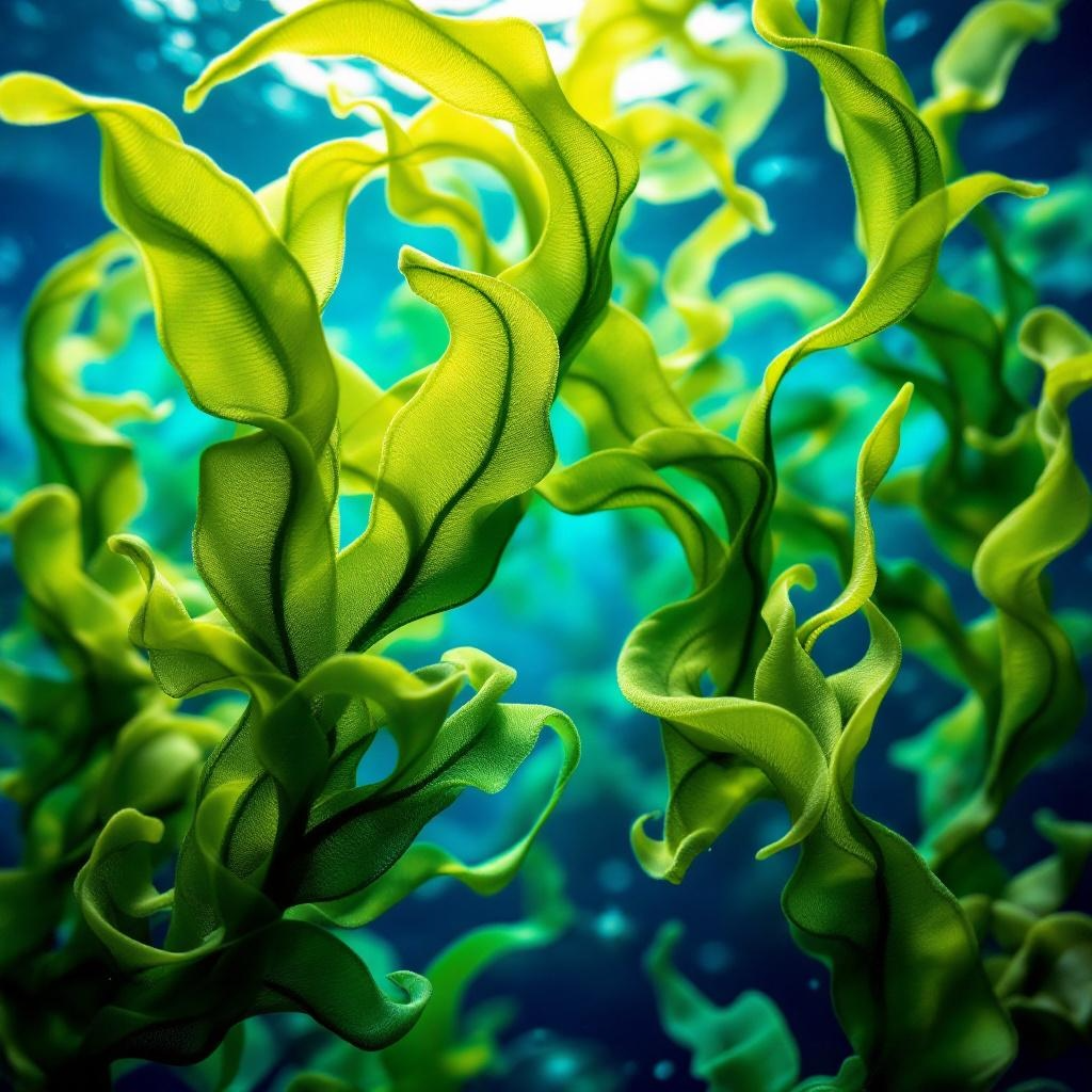 Close-up of green seaweed with a blue underwater background