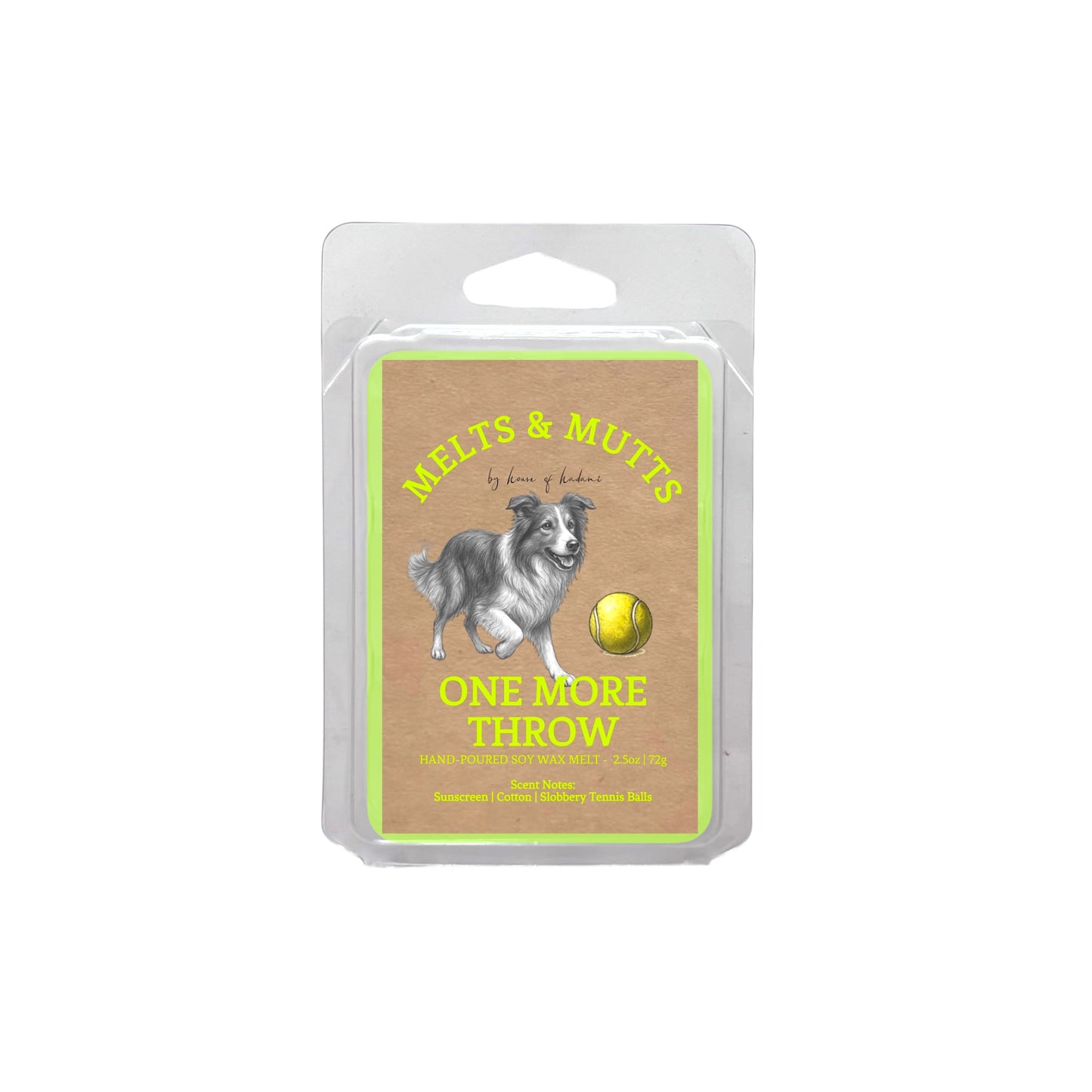 Packaged wax melt clamshell with a dog and tennis ball illustration on a white background