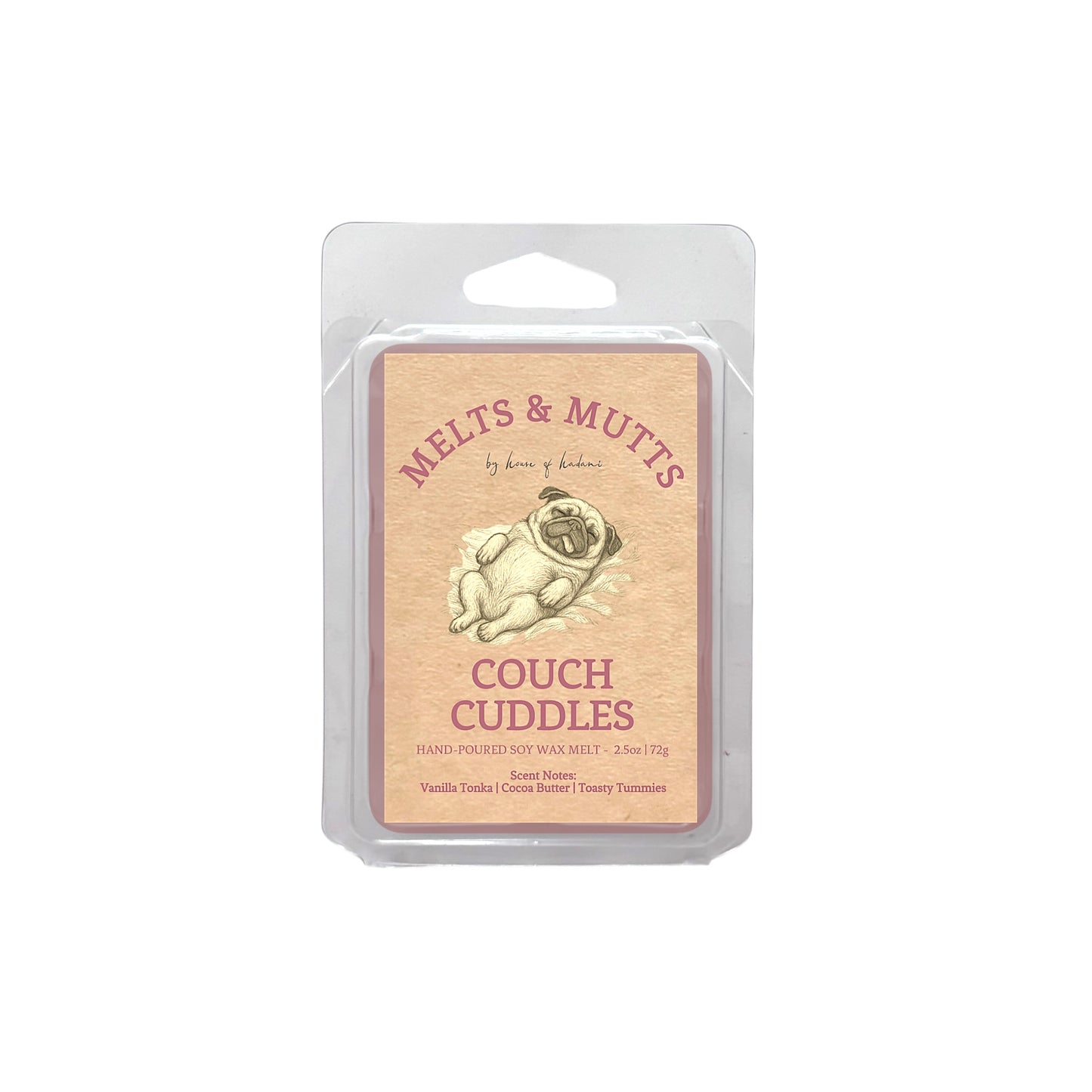 Melts & Mutts Couch Cuddles wax melt packaging on a white background