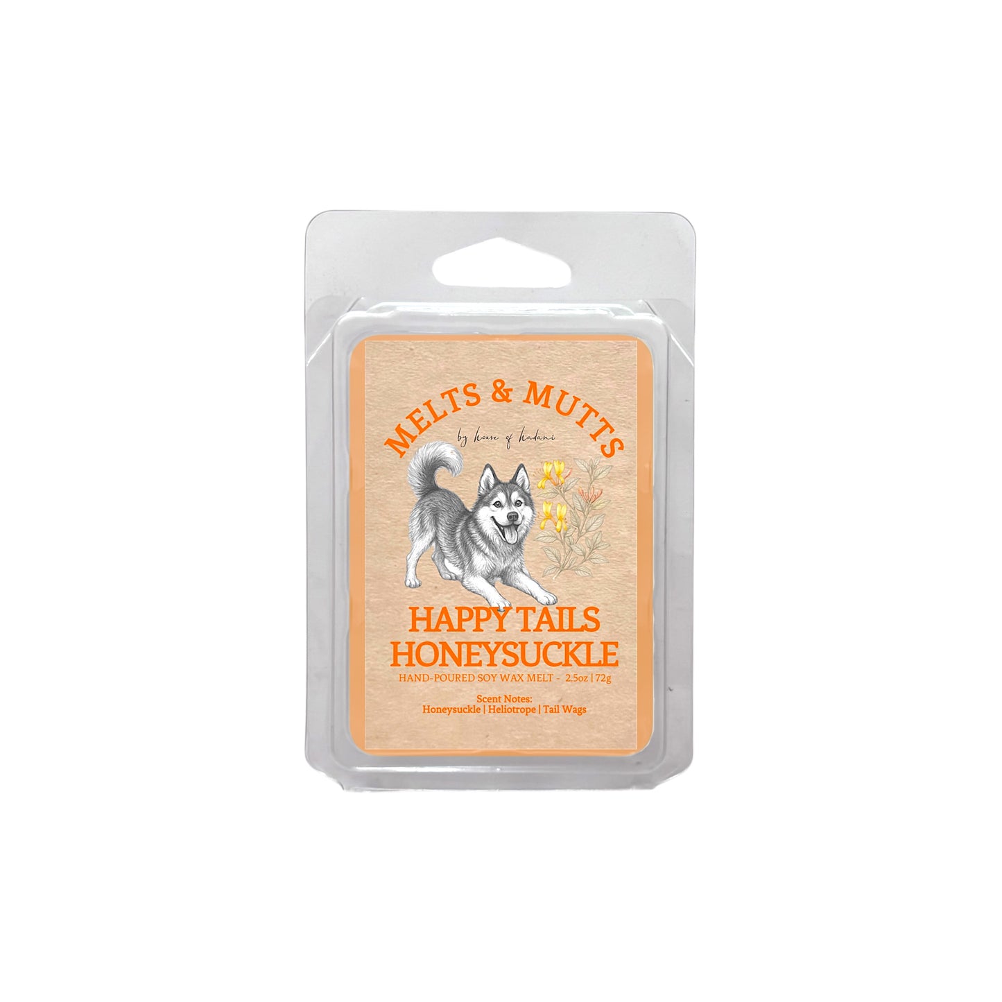 Melts & Mutts wax melt packaging with a dog illustration on a white background