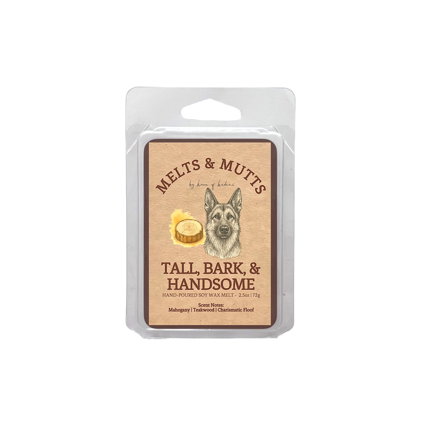 Wax melt package with a dog illustration and text on a white background