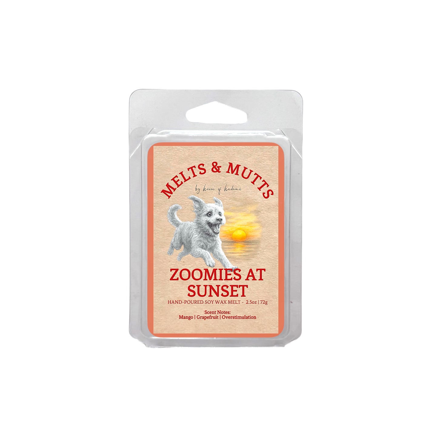 Wax melt package with a dog illustration and sunset design on a white background