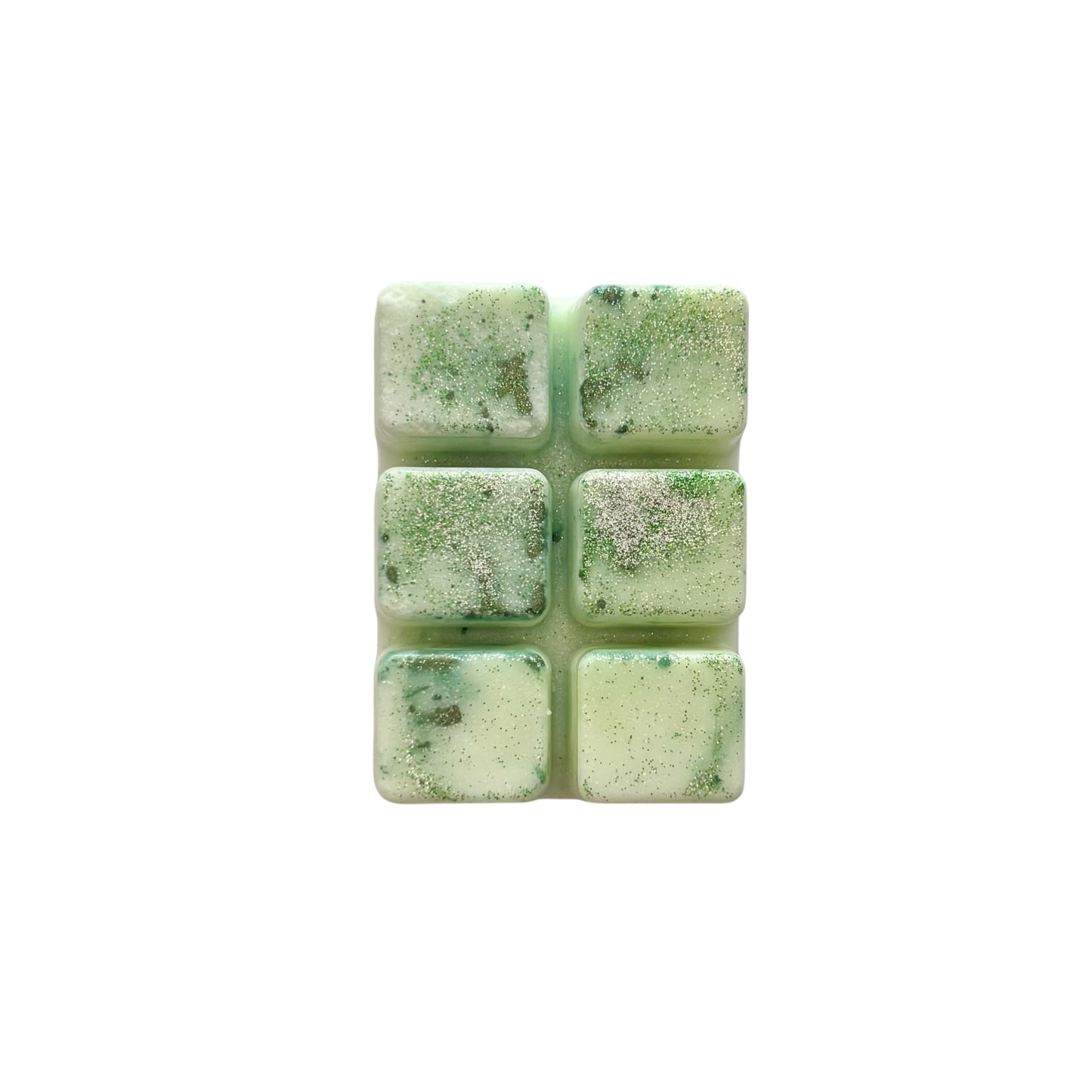 A green colored wax melt with 6 cubed sections