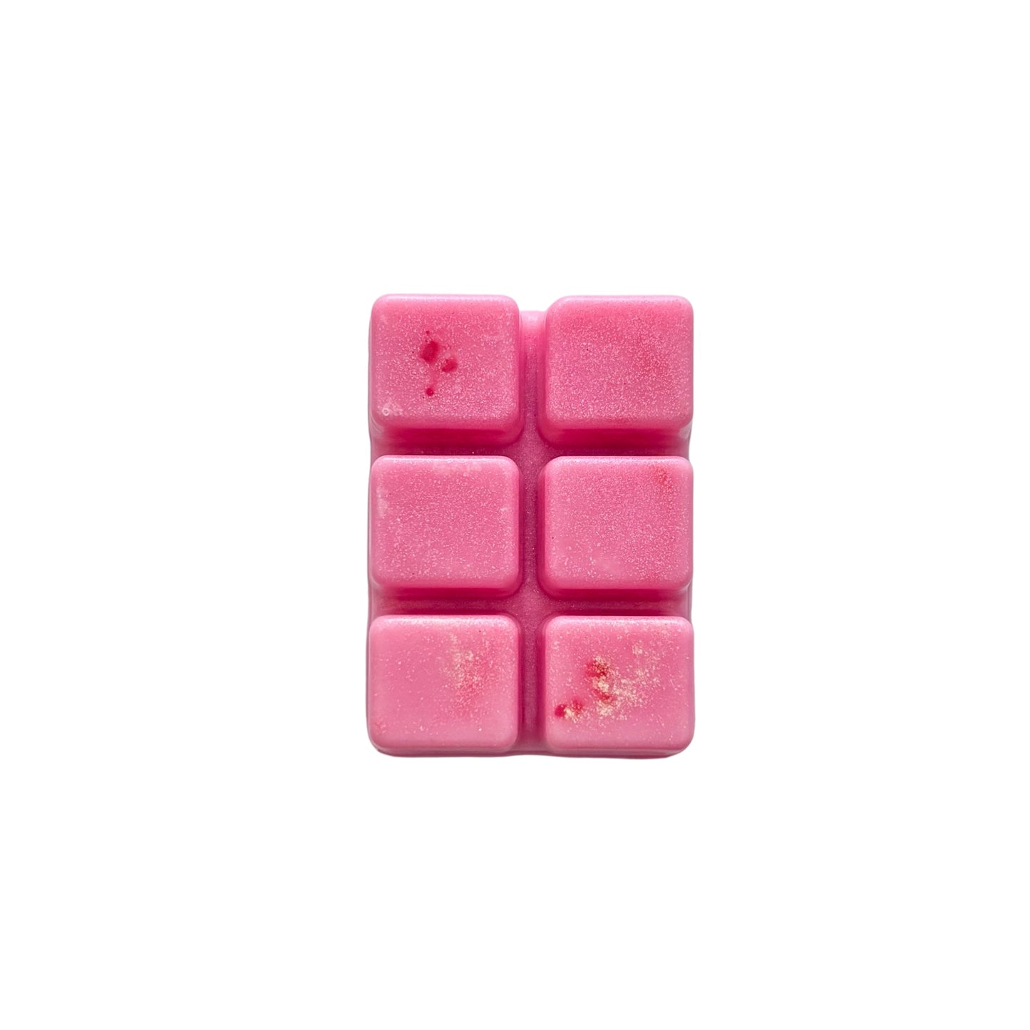 A pink colored wax melt with 6 cubed sections