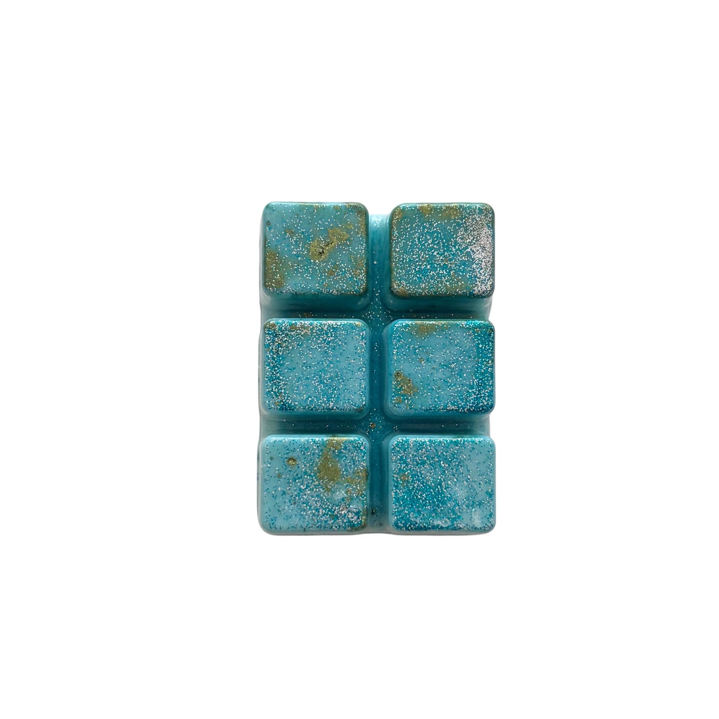 A teal colored wax melt with 6 cubed sections