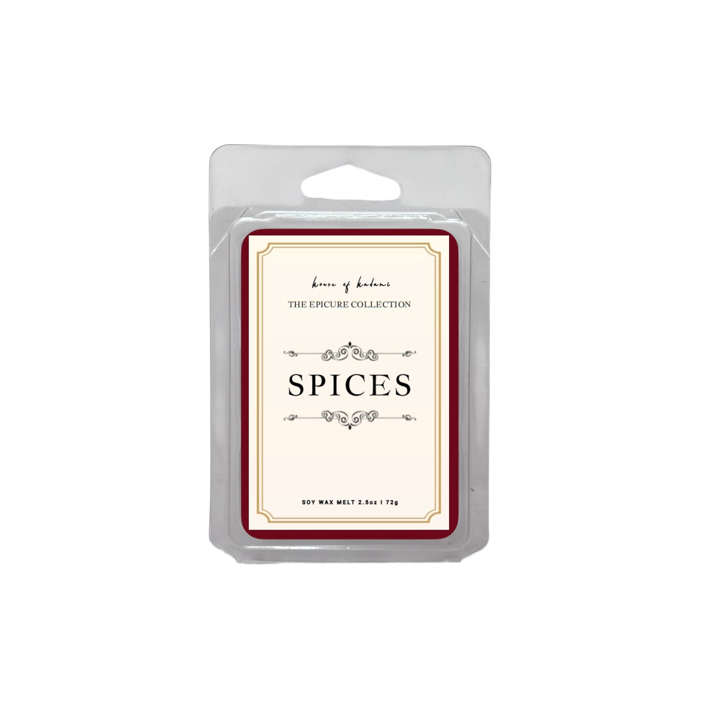 Packaged spice scented wax melt with a label on a white background