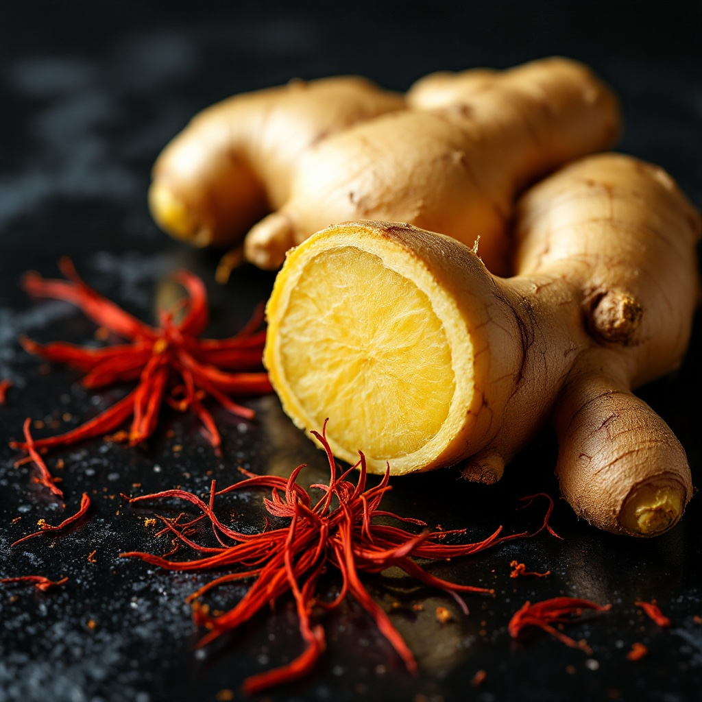 Ginger root and saffron on a dark background