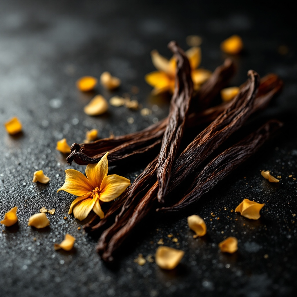 Vanilla beans with vanilla flowers on a dark surface