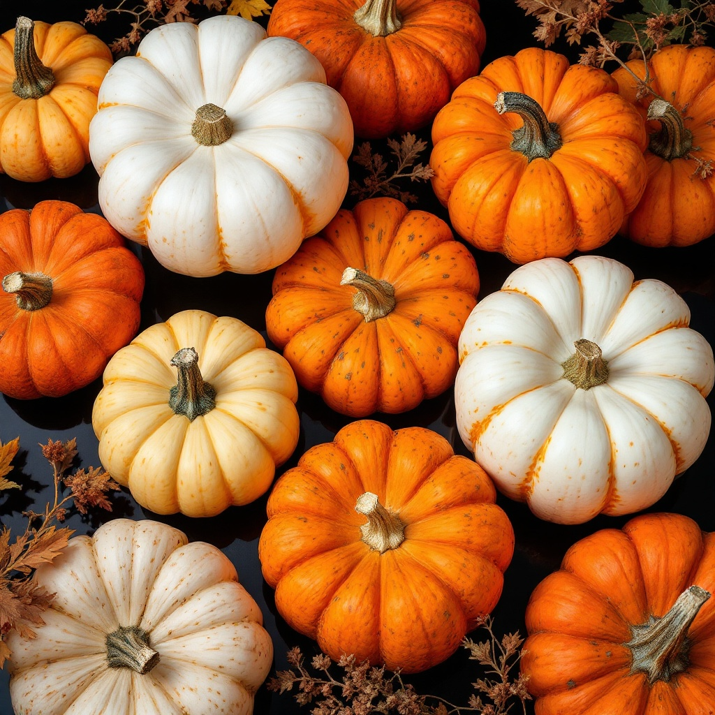 Assorted pumpkins including orange and white varieties on a dark background
