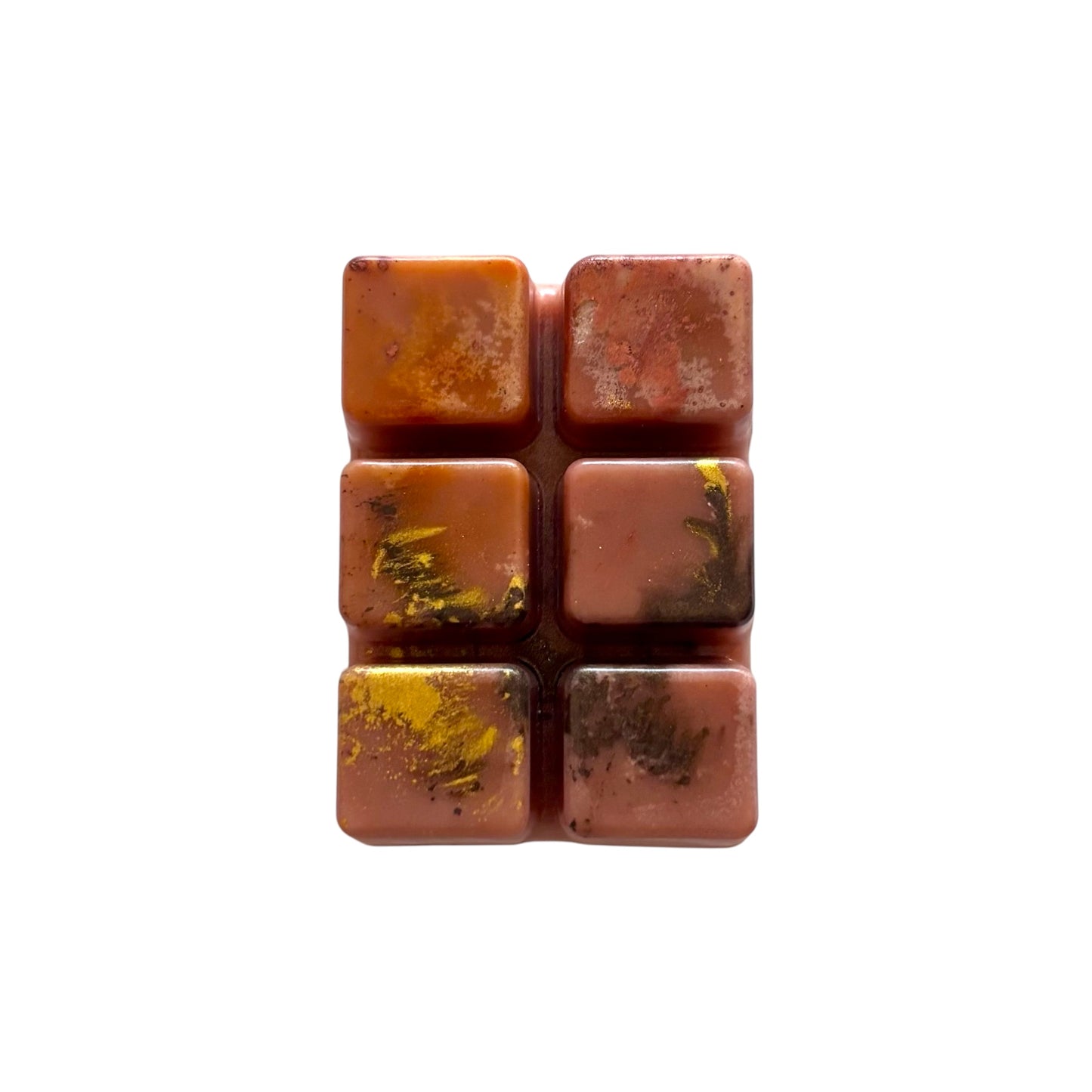 A brown colored wax melt with 6 cubed sections