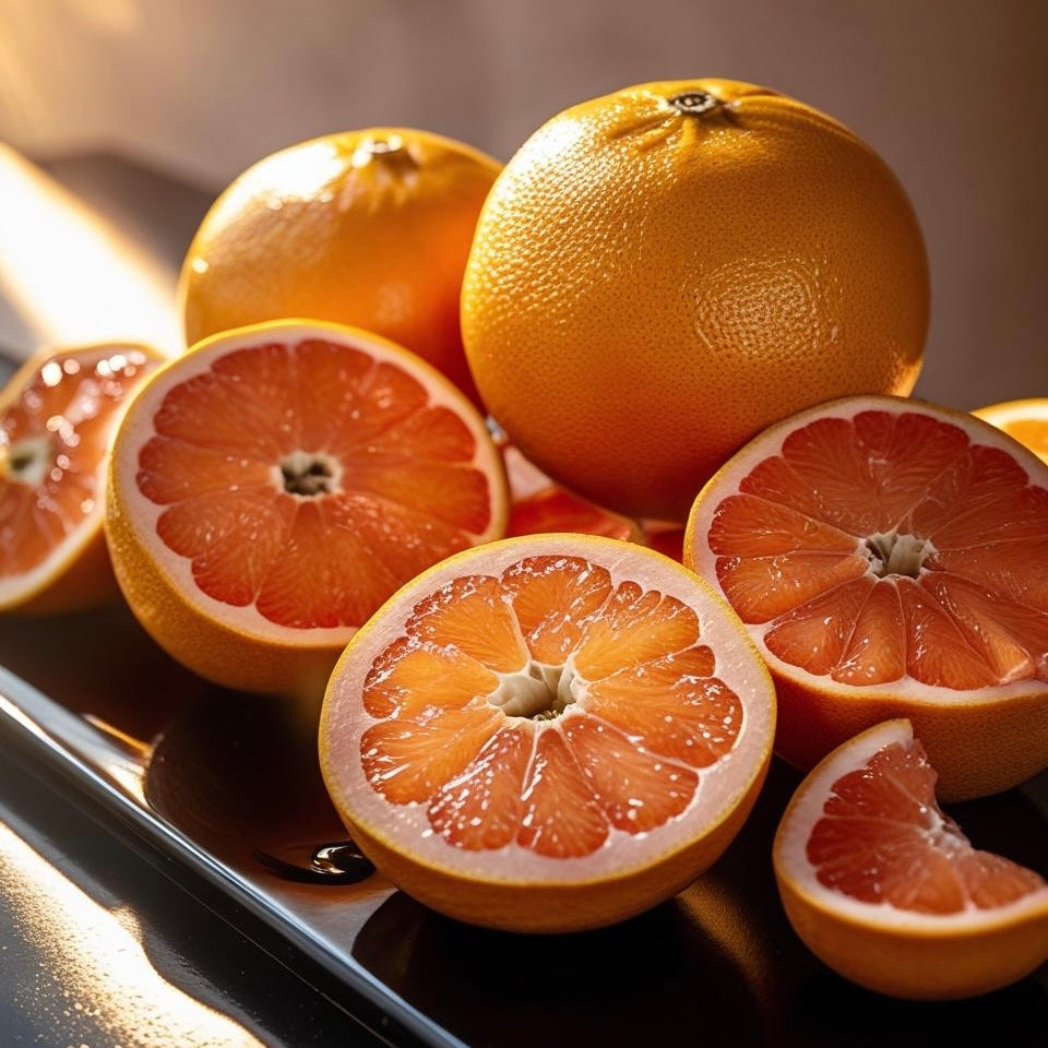 Grapefruits, both whole and halved, on a reflective surface with a blurred background.