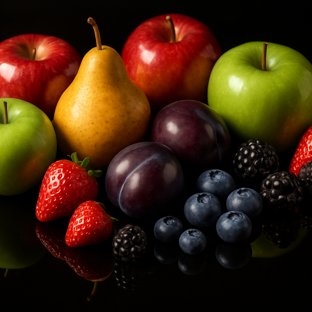 apples, pears, plums, and berries on a shiny dark background