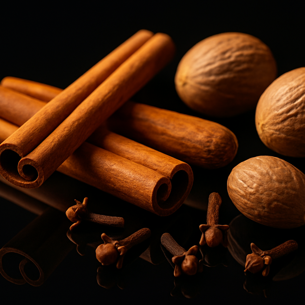 cinnamon, nutmeg, and clove on a shiny dark background