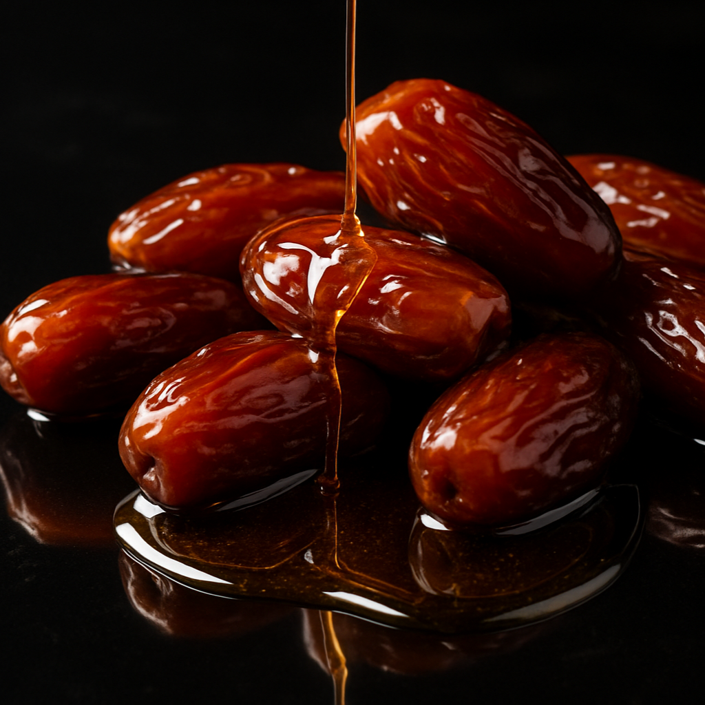 lush sticky dates drizzled with honey on a shiny dark background