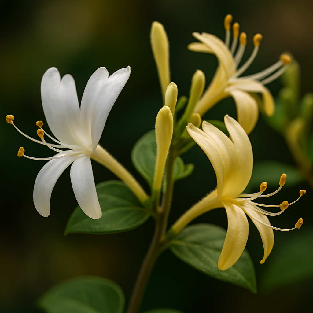 Close-up of white and yellow honeysuckle flowers with green leaves on a blurred background