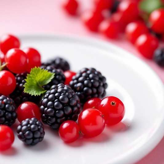Assorted berries including blackberries and red currants on a white plate with a blurred background.