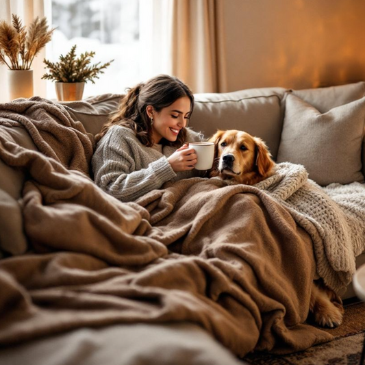 Woman sitting on a couch with a dog, both wrapped in a blanket, holding a mug.
