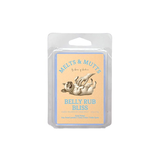 Packaged product labeled 'Belly Rub Bliss' by Melts & Mutts on a white background