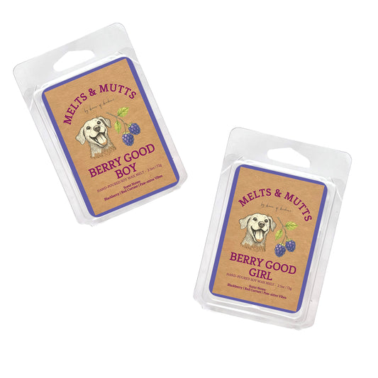 Two packages of Melts & Mutts berry-flavored wax melts on a white background