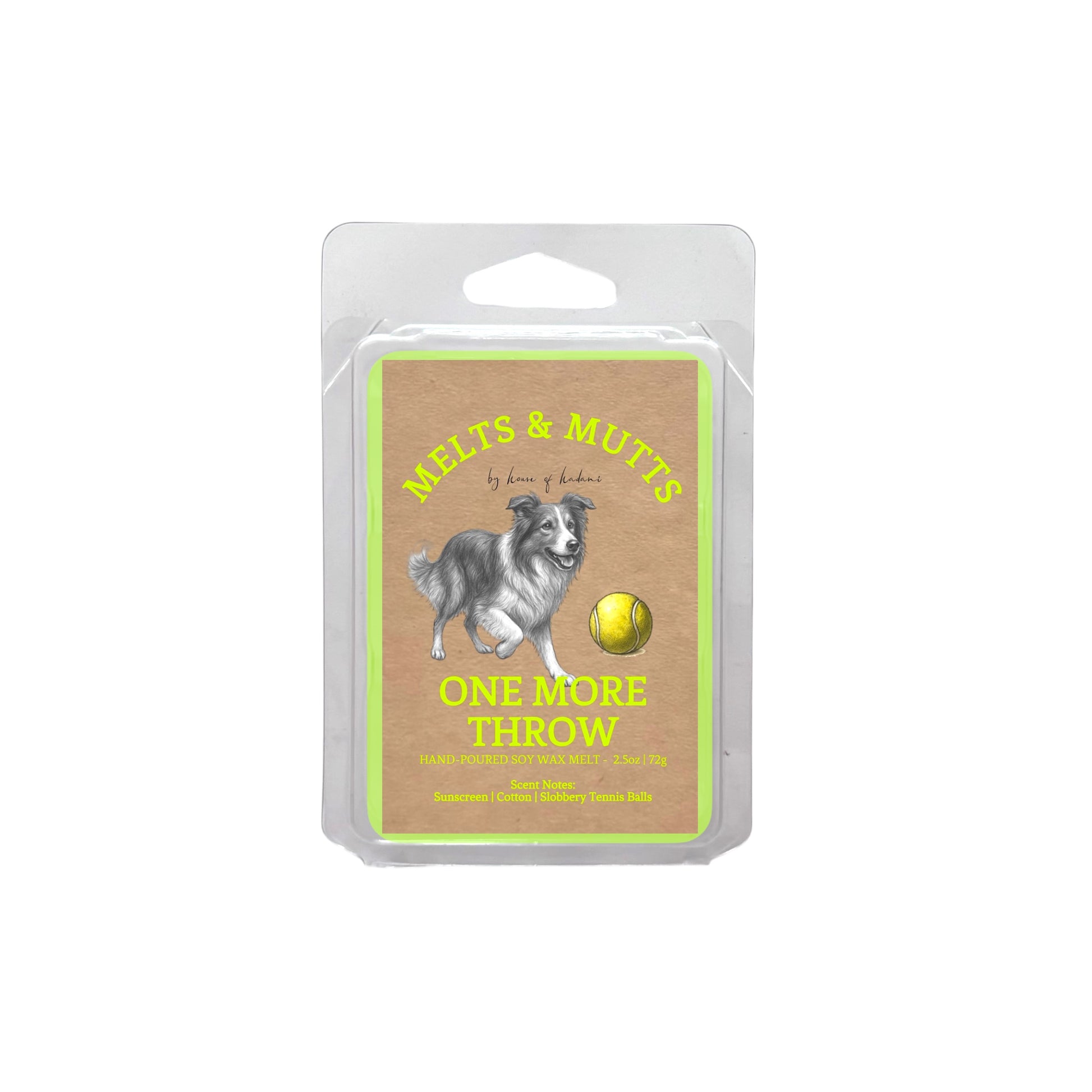Packaged wax melt clamshell with a dog and tennis ball illustration on a white background