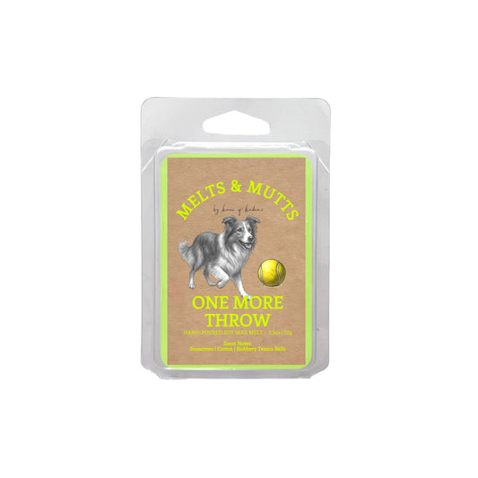 Packaged wax melt clamshell with a dog and tennis ball illustration on a white background