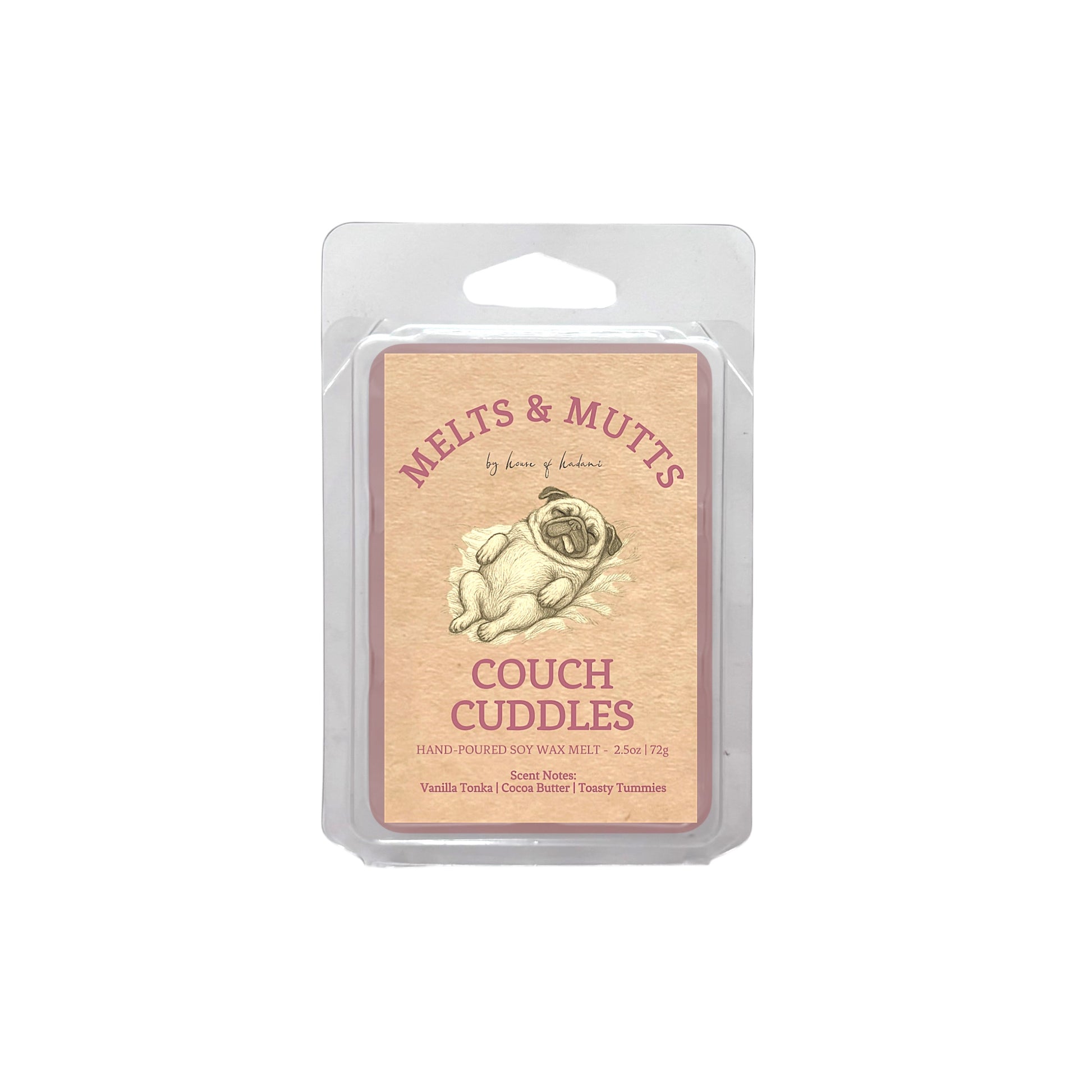 Melts & Mutts Couch Cuddles wax melt packaging on a white background