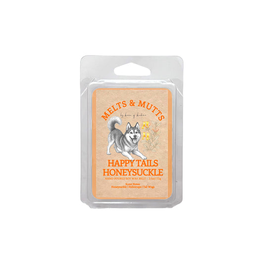 Melts & Mutts wax melt packaging with a dog illustration on a white background