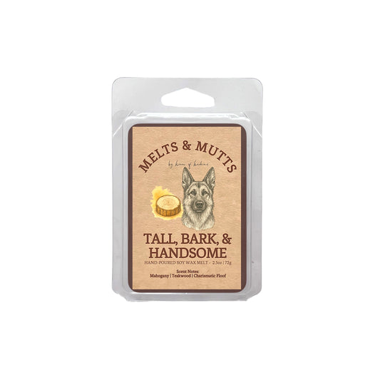 Wax melt package with a dog illustration and text on a white background