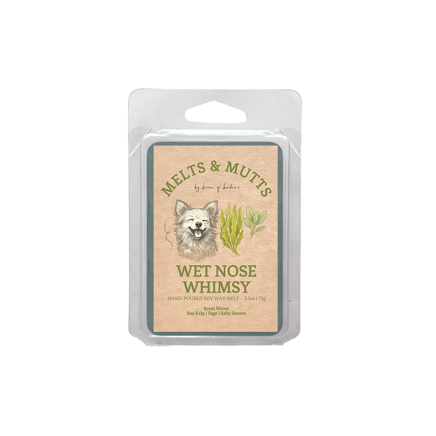 Packaged wax melt labeled 'Wet Nose Whimsy' by Melts & Mutts on a white background