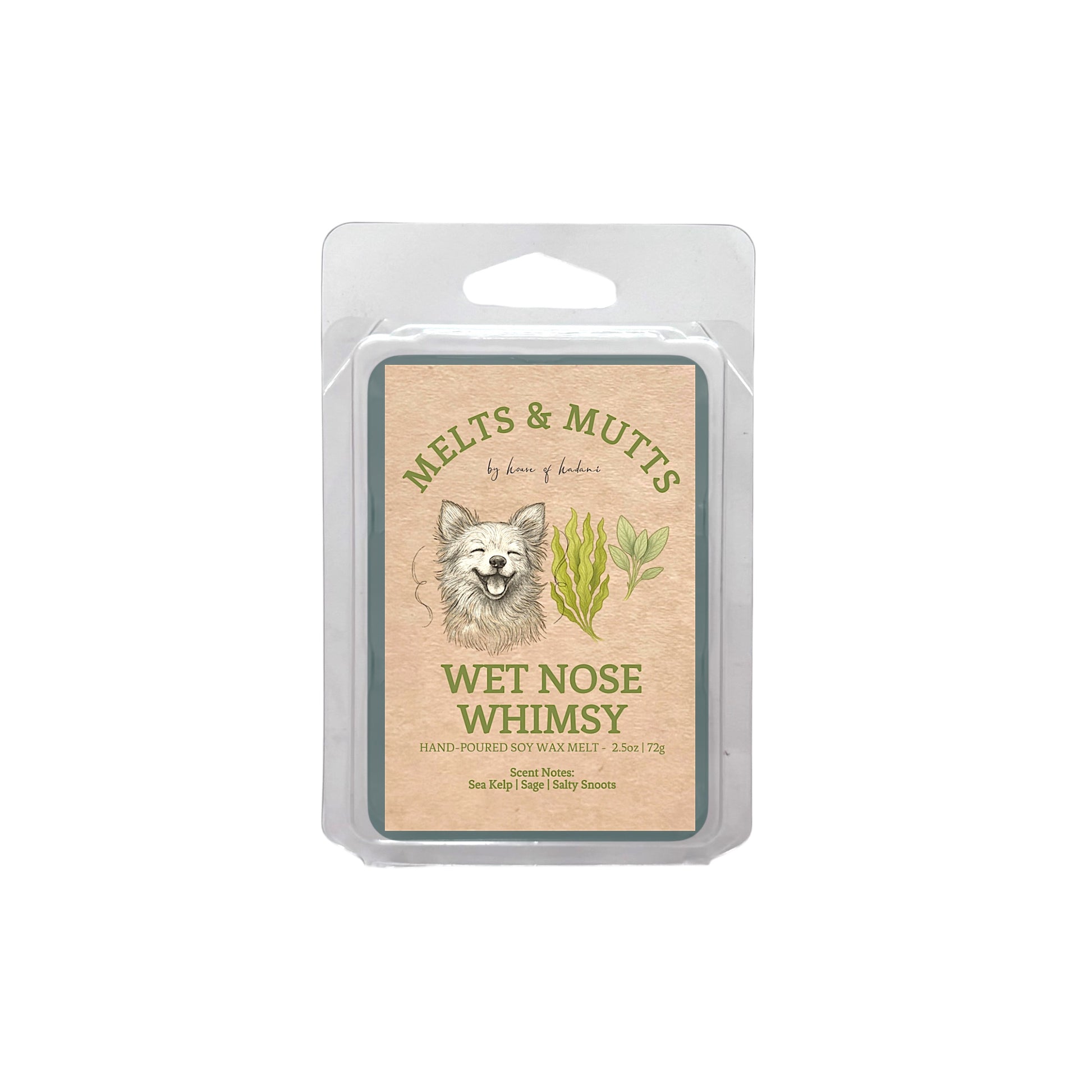 Packaged wax melt labeled 'Wet Nose Whimsy' by Melts & Mutts on a white background