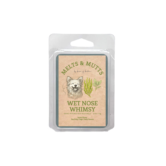 Packaged wax melt labeled 'Wet Nose Whimsy' by Melts & Mutts on a white background
