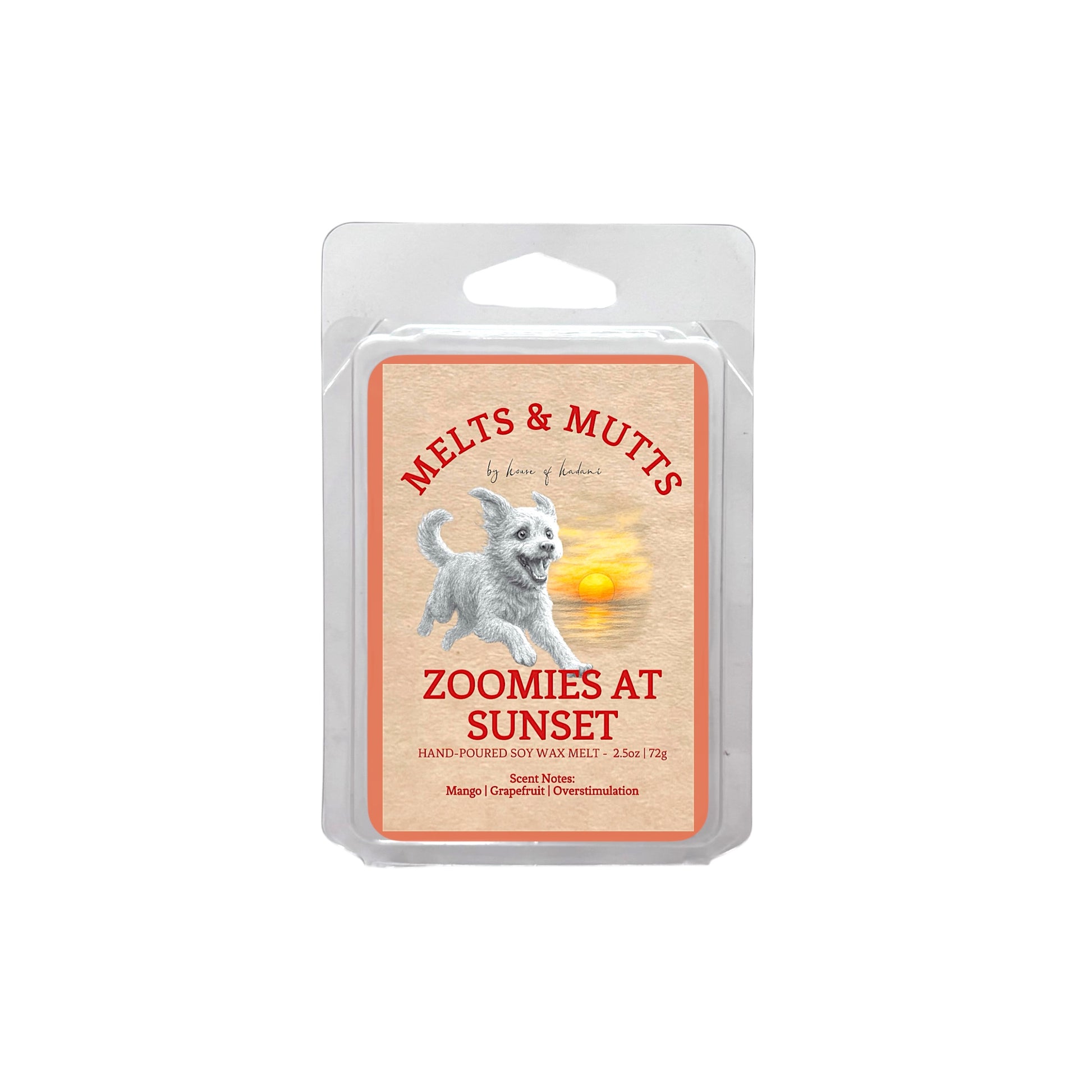 Wax melt package with a dog illustration and sunset design on a white background