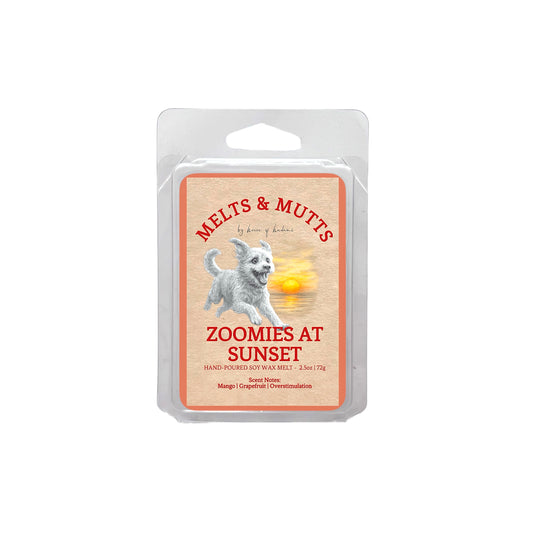 Wax melt package with a dog illustration and sunset design on a white background