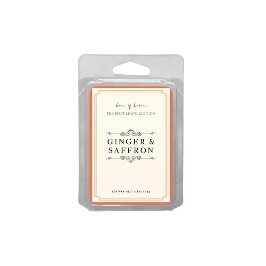 Scented wax melt package labeled 'Ginger & Saffron' by 'House of Luxury' on a white background.