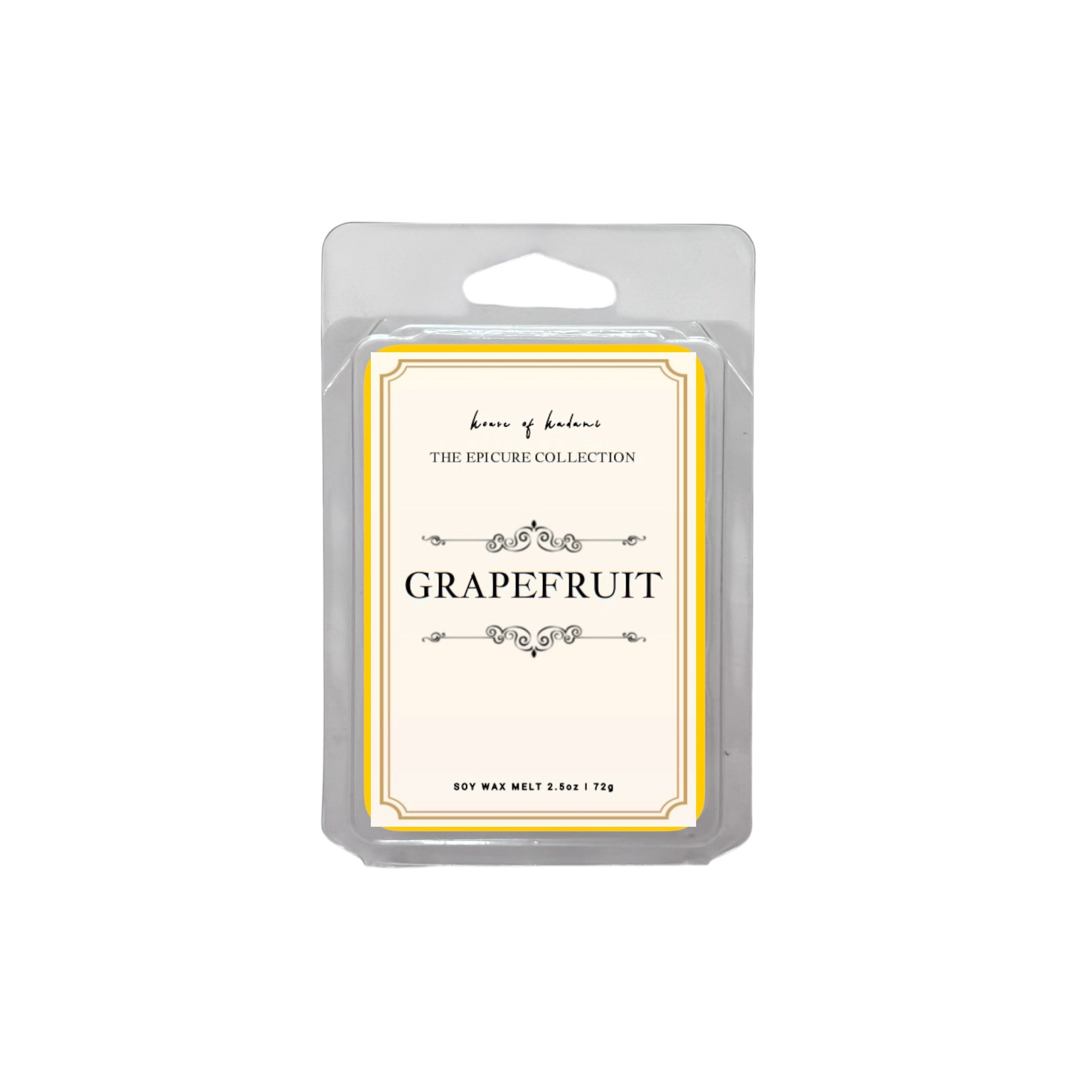 Grapefruit wax melt package with decorative label on a white background