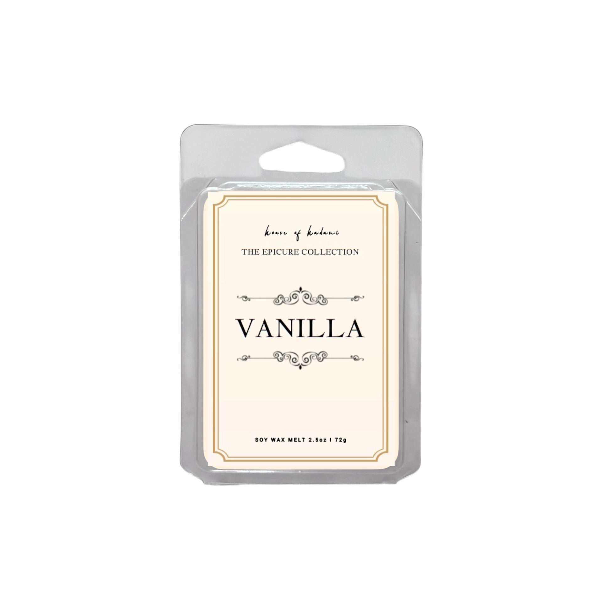 Vanilla scented wax melt package with decorative label on a white background